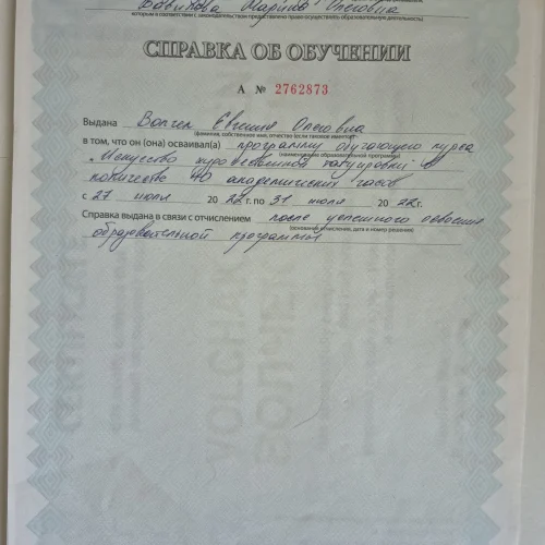Справка об обучении Евгении Волчек по программе искусства художественной татуировки, 2022