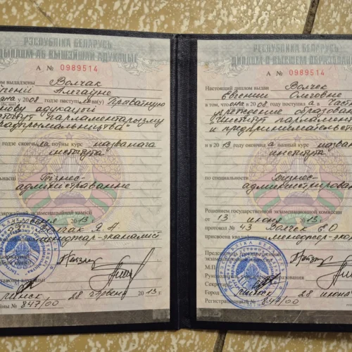 Диплом Евгении Волчек по специальности бизнес-администрирование, квалификация менеджер-экономист